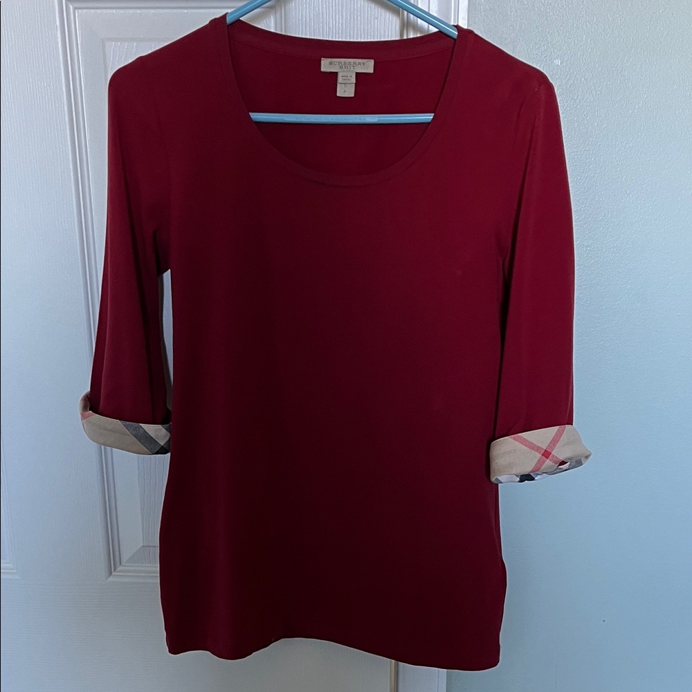 Burberry Brit Red Long Sleeve Top with Plaid Accents